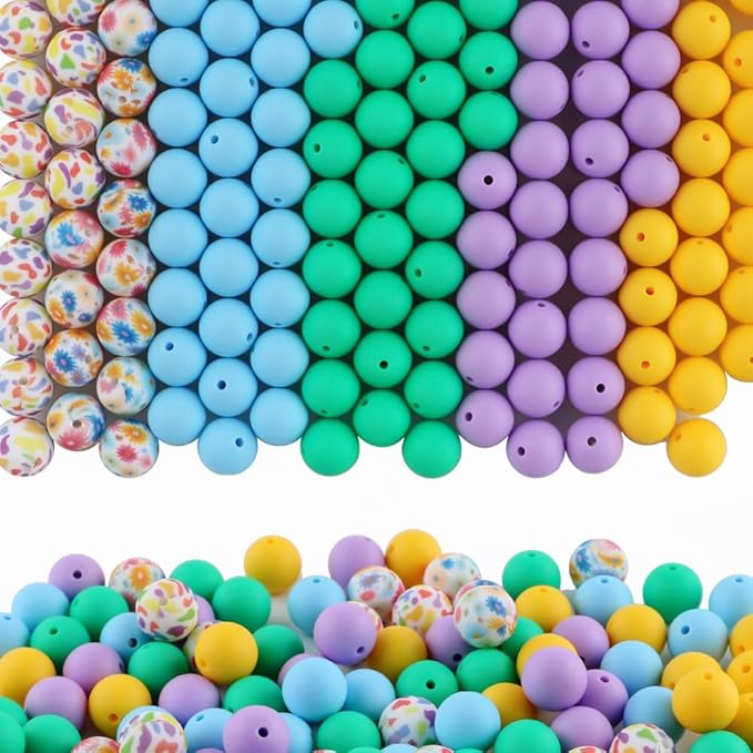 150Pcs Mixed Color 15mm Silicone Beads for Keychain Making, Blue Purple Flower Print Silicone Beads for Pens and Bracelet Jewelry Making
