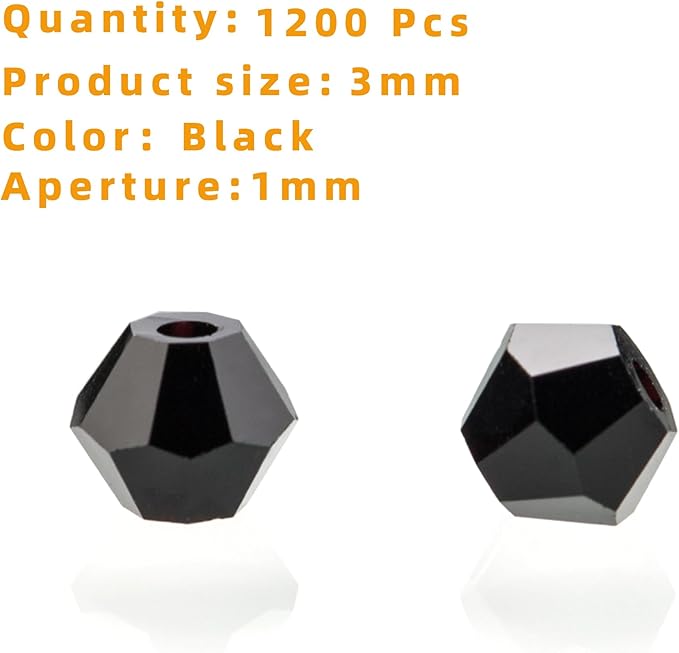 laopottbeads 1200pcs black 3mm bicone crystal beads for jewelry making – small faceted glass beads for bracelets, earrings, loc sprinkles, diy crafts
