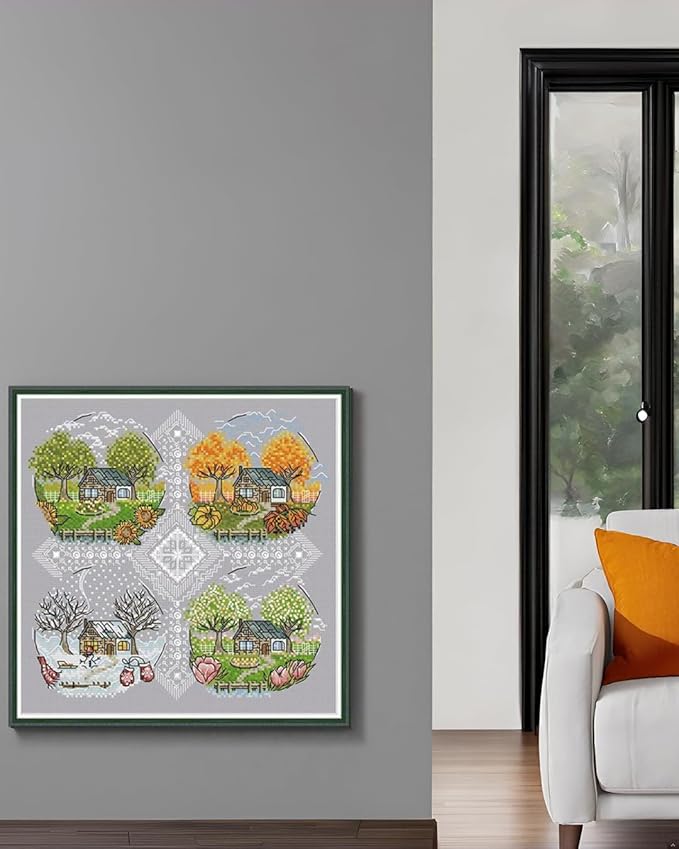 CaptainCrafts Cross Stitch Kits for Adults Stamped Cross Stitch Printed Fabric Cross Stitching DIY Art DMC Needlecrafts Embroidery Kit for Adults (Stamped, Cottage Scenery Four Seasons)