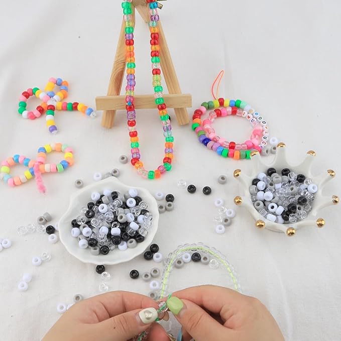 pony beads 4000 pcs,beads for bracelets,hair beads,beads for jewelry making,bracelet beads,plastic beads for crafts,beads for kids,hair beads for braids for girls(black, white and gray color)
