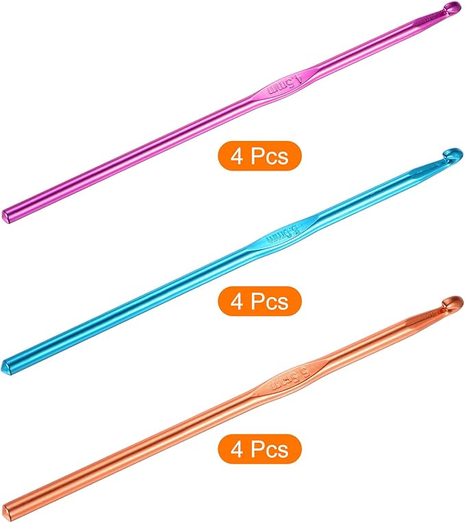 uxcell 12Pcs Aluminum Crochet Hook 4.5mm 5mm 5.5mm US Size 7 8 9 Knitting Needles for DIY Craft Yarn Purple Blue Orange