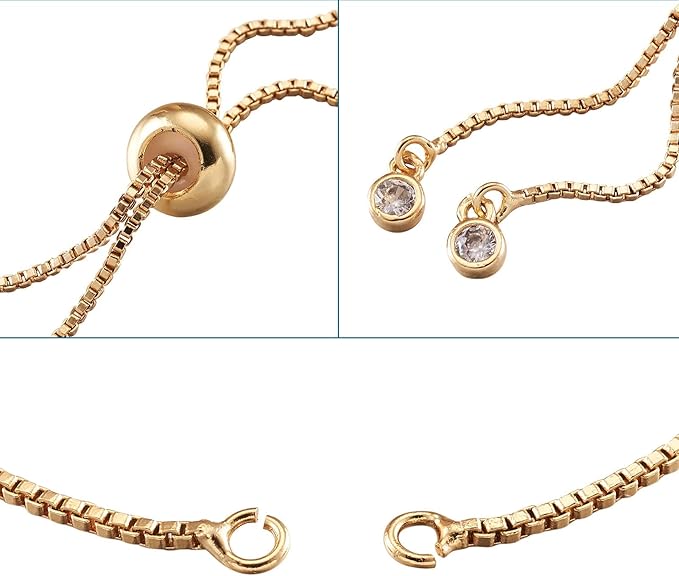 FASHEWELRY 20 Strands Adjustable Brass Bracelet Slider Extender Chains with Rhinestone Ends 4.72-4.96 Inch Real 18K Gold Plated for DIY Jewelry Making