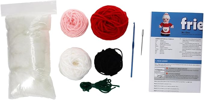 LEISURE ARTS Crochet Friend Kit, Mrs. Claus, 8", Complete Crochet Kit, Learn to Animal Starter Kit for All Ages, Includes Instructions, DIY Amigurumi Kits