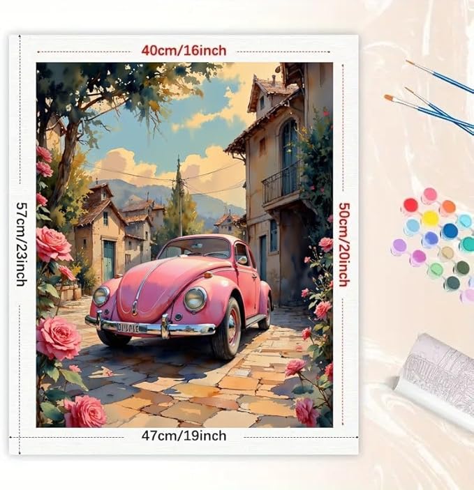 Vintage Car Paint by Numbers Kit for Adults – DIY Pink Retro Car in Street with Roses Painting on Canvas 16x20 Inches, Acrylic Paint Set, Suitable for Beginners, Art for Home Decoration or Gifts