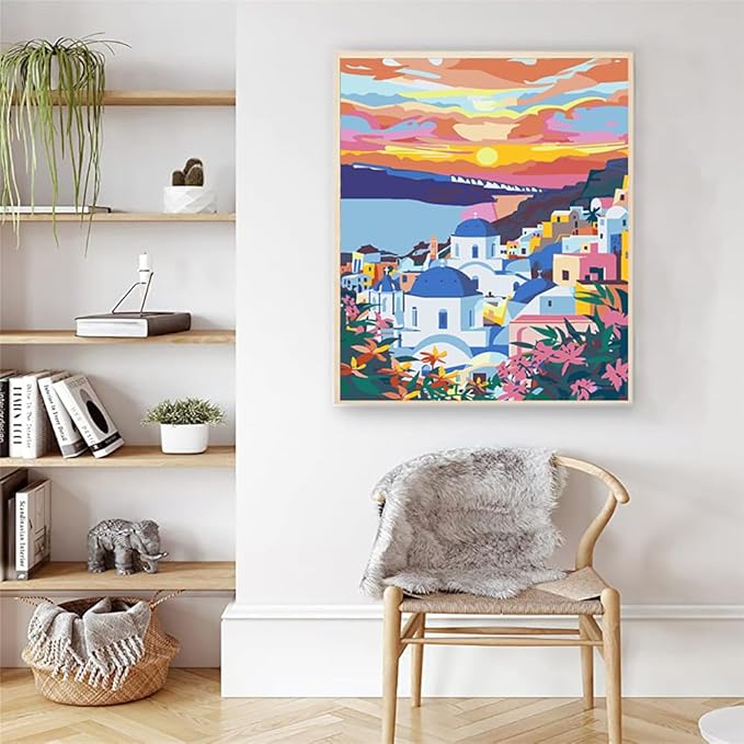 Artunion Sunset Santorini Greece Paint by Numbers Kit for Adults, Landscape Paint by Number Kits, DIY Oil Painting Paint by Number Kits on Canvas Arts Craft for Home Wall Decor 16x20 Inch
