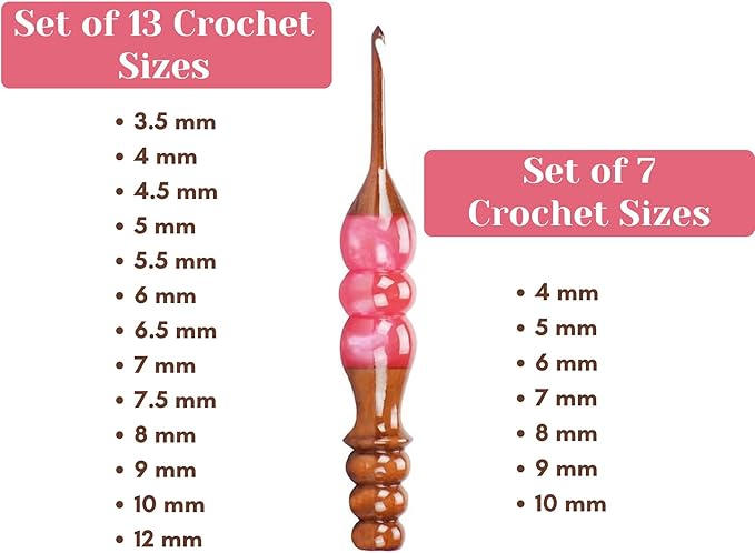 Wooden Crochet Hooks Set for Arthritic Hands | Ergonomic Soft Grip - Resin Mix Indian Rosewood Crochet Hook Set for Crocheting & Knitting (Pink, Set of 7)