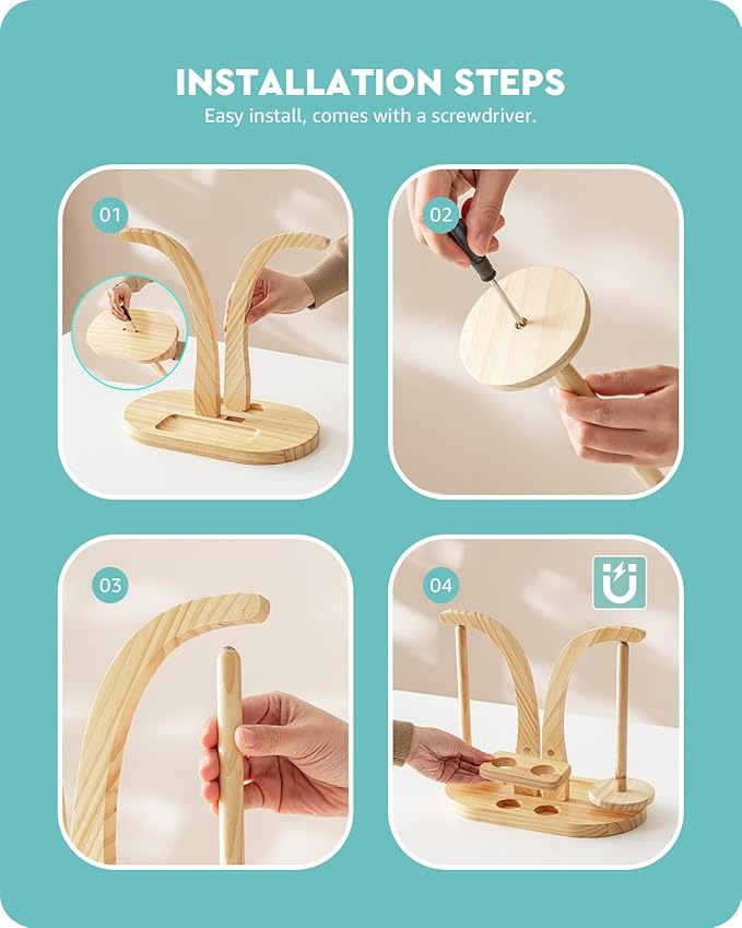 Baffect Yarn Holder Magnetic, Yarn Ball Holder Wooden, Yarn Spindle with Double Spindles, Spinning Yarn Holder for Crochet Lovers (Natural)