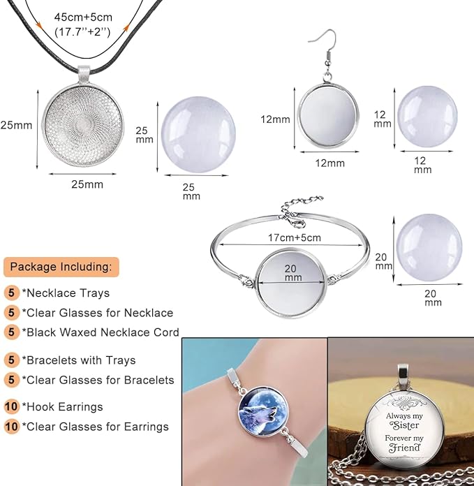 Pendant Trays Set with Cabochon Glass, Round Pendant Bezel Blank Trays, Bracelet Bangles Earrings Hooks Blanks for DIY Photo Cameo Jewelry Crfats Making