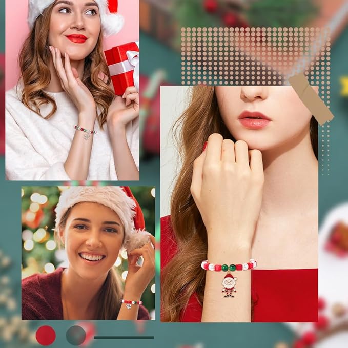 SUNNYCLUE 1 Box 218Pcs 6Sets Christmas Bracelet Making Kit Red Green Glass Beads Christmas Tree Enamel Charm Jingle Bell Snowflake Charms Rhinestone Bead for Jewelry Making Kits Beading Supplies