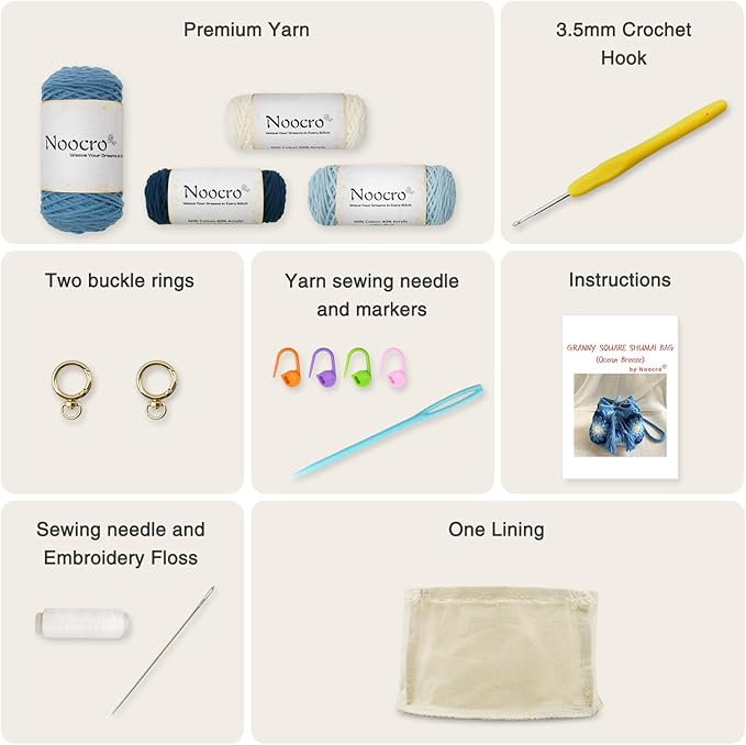 Noocro Crochet Kit Granny Square Shumai Bag, Purse, Complete DIY Kit, Detailed Instructions, Video Tutorials, for Beginners or Intermediate and Advanced Crocheters (Ocean Breeze)