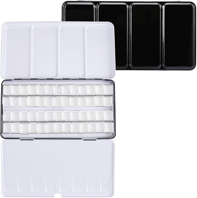 LOONENG Empty Watercolor Palette, Metal Watercolor Tin with Fold-Out Palette, Large Watercolor Tray Palette with 52 Empty Watercolor Half Pans for Plein Air Painting, Acrylic and Oil Painting