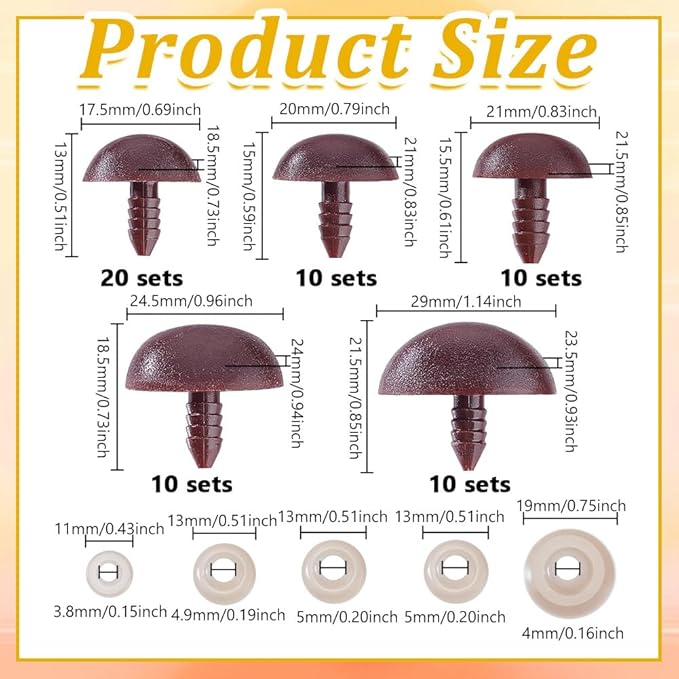 AHANDMAKER 60 PCS 5 Styles Craft Safety Noses, Brown Craft Nose with Spacer 13mm 15mm 15.5mm 18.5mm 21.5mm for Amigurumi Crochet Bears Puppet Stuffed Animals Doll Making