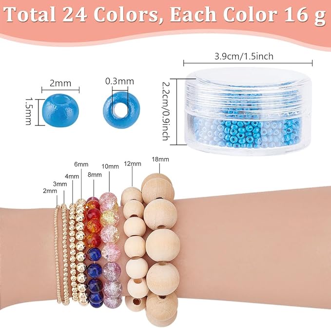 PH PandaHall 24000 Pcs 11/0 Multicolor Beading Glass Seed Beads 24 Colors 2mm Round Pony Bead Mini Spacer Beads with Container Box for Earring Bracelet Necklace Jewelry DIY Craft Making