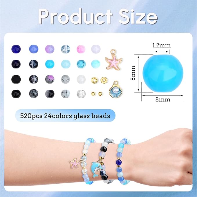 DUQGUHO 8mm Black Blue and White Beads for Bracelets Summer Beach Glass Beads for Jewelry Making 24 Grids Round Beads Bulk 520PCS