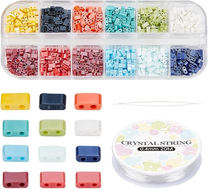 NBEADS 2-Hole Beads Bracelet Making Kit, Including 11 Colors 2-Hole Rectangle Glass Seed Beads, Big Eye Beading Needles, Elastic Thread for Bracelet Necklace Earring Jewelry Making