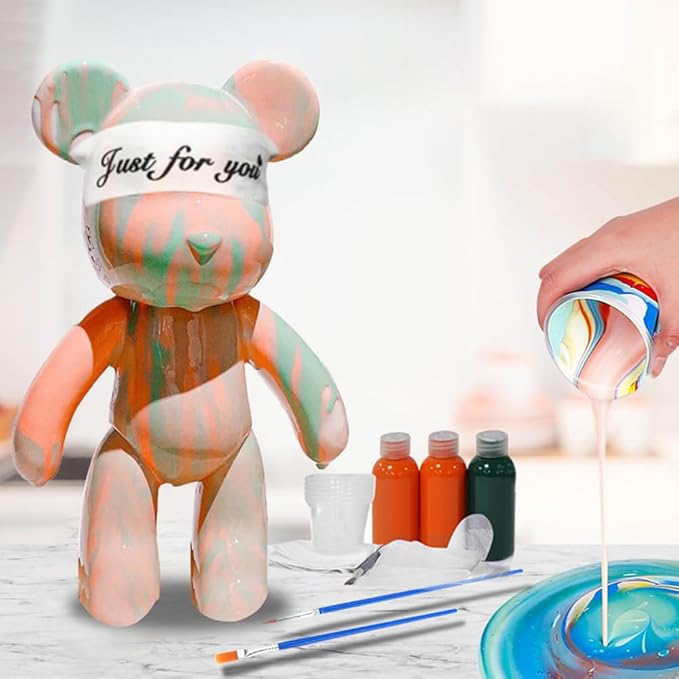 HANDA DIY Painting Fluid Bear Teddy Bear Violent Bear Gloomy Bear Painting Kit Set Creative Home Decorations Handmade Doll Figurine Toys Gift for Birthday Valentines (13.4 inch, Orange+Green)
