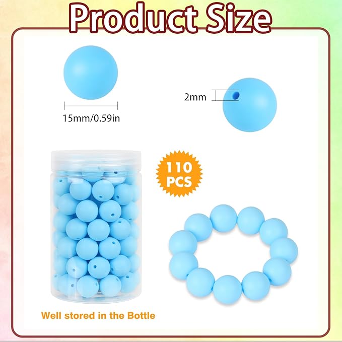 110 Pcs Silicone Focal Beads, EVERMARKET 15mm Silicone Beads for Keychain Making, Round Silicone Beads Bulk with Bottle, Rubber Loose Beads for Pens Crafts Necklace Bracelet Lanyard (Light Blue)