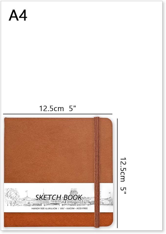 5" x 5" Hardcover Sketch Book,Small Mixed Media Sketch Pad,58 Sheets 150GSM Acid-Free Artist Drawing Paper,Travel Journal Blank Notebook for Adults Painting,Illustration,Art Supplies.Light Brown