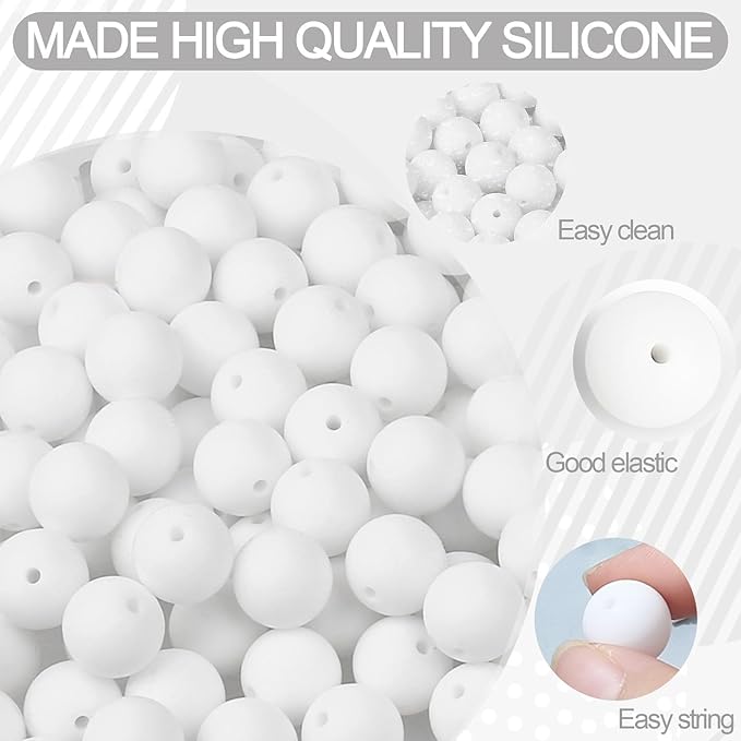 MAIBAOTA 120 Pcs White Silicone Beads - 15 mm Round Beads for Keychain, Pens, Bracelet, Necklace Making - Bulk Craft Kit