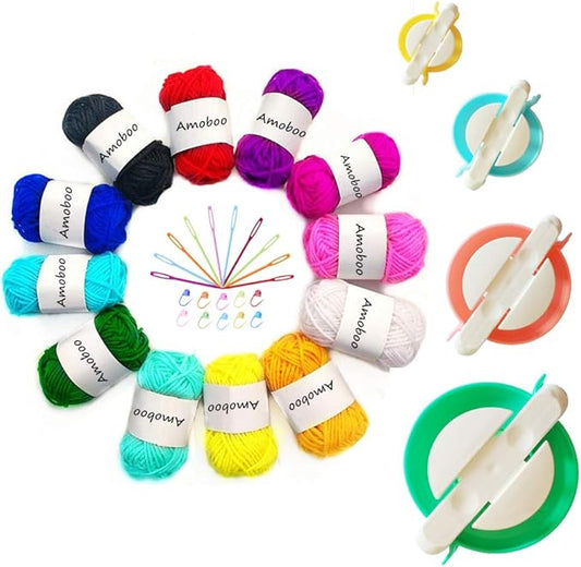 Pompom Makers, 4 Sizes Fluff Ball Weaver Needle PomPom Maker Sets-DIY Pompoms Craft Knitting Accessories Set Contain 12pcs Yarn + 10pcs Knitting Stitch Markers + 10pcs Plastic Needles (36)