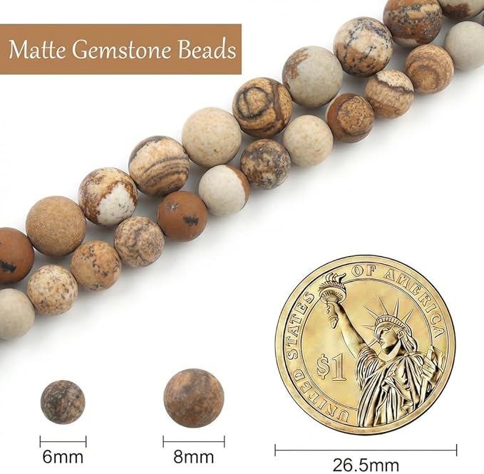 Stone Beads, 60pcs Matte Picture Jasper, 6mm Round Loose Beads for Jewelry Making, Bracelets, with Bag, String & Card