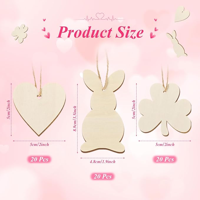Novabright 60 Pcs St. Patrick's Day Wood Shapes for Crafts Blank Shamrock Bunny Heart Ornament to Paint Wooden Art Craft Supplies Painting Kit for Teen Party, Holiday Garland Hanging Decorations