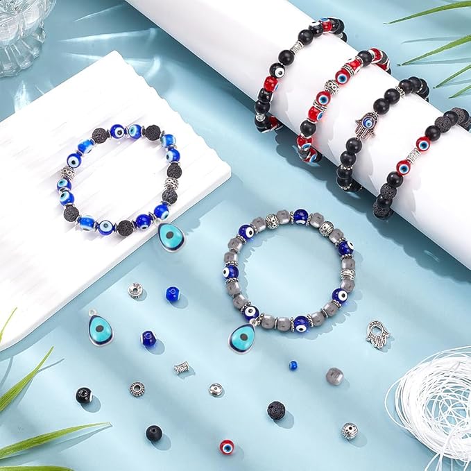 SUNNYCLUE 1 Box 6 Sets Evil Eye Bracelet Making Kits Lucky Hamsa Charms Blue Lampwork Glass Bead Natural Lava Rock Beads Spacer Beads for Jewelry Making Kits Women Adults Bracelets Adults