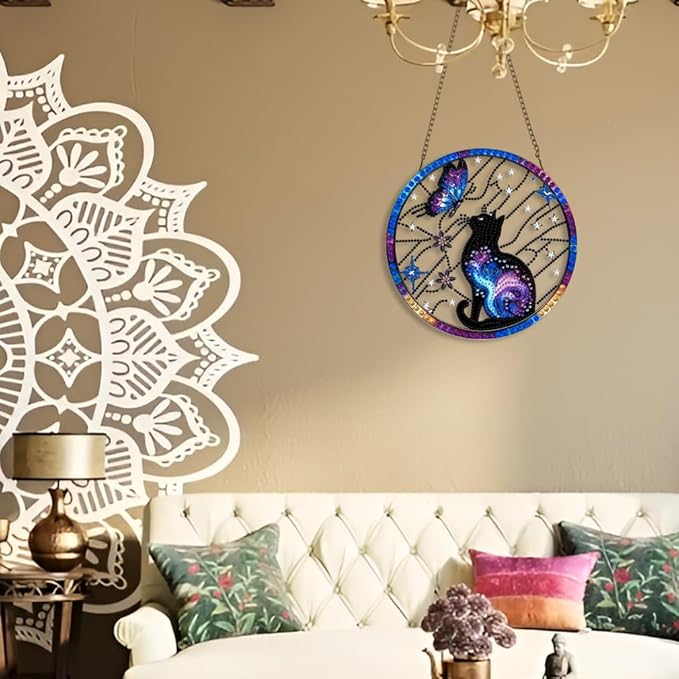STGLCR DIY Hanging Diamond Art Pendant Painting Kit Cat Wreath, Acrylic Diamond Art Board Butterfly Ornament for Adults Painting Pendant Ornament for Home Wall Decor 7.87inch Aurora