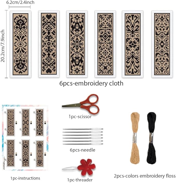 BEUNITONE 6 Pcs Cross Stitch Bookmark Kit DIY Vintage Decorative Border Counted Cross Stitch Stamped Kits for Adults Beginners with Instructions Embroidery Bookmark Kit for Book Lovers 2.4x7.9 in