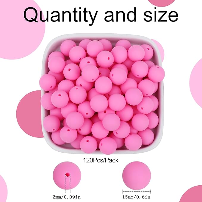 MAIBAOTA 120 Pcs Pink Silicone Beads (15 mm) for Keychain, Pens, Bracelet, Necklace Making - Bulk Pack with Boxed Kits