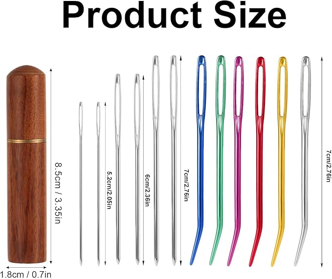 12pcs Large Eye Sewing Needles Kit, Aluminum Large-Eye Blunt Needles with Bent Tapestry Needles & Wooden Needle Case Hand Knitting Needles for Crochet Quilting Beading Projects