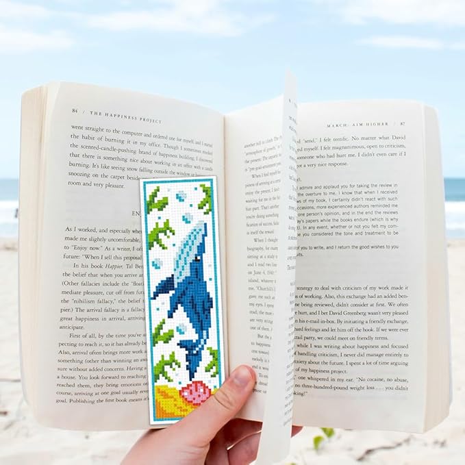 ORIGACH 6 Set Marine Animals Cross Stitch Bookmark Kit for Beginner with Backing Felt Floss Instructions DIY Stamped Embroidery Bookmark Kit for Adults, Book Lovers