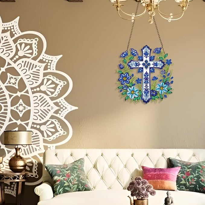 STGLCR Cross Hanging Diamond Art Kits for Adults - Cross Acrylic Board Double Sided Pattern Jesus Diamond Painting Suncatcher Pendant, Crystal Art for Home Wall Window Decor Handmade Gift 7.8Inch