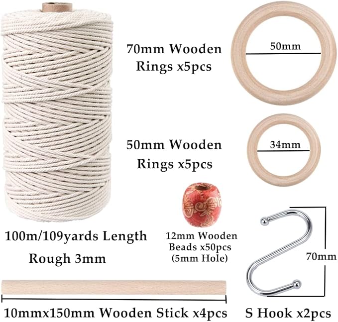 zxcdino 119pcs macrame kits for starter 3mm x 109yards natural cotton macrame cord with 100pcs wooden beads,10pcs wooden rings,wooden sticks,metal rings,s hooks macrame supplies for plant hangers