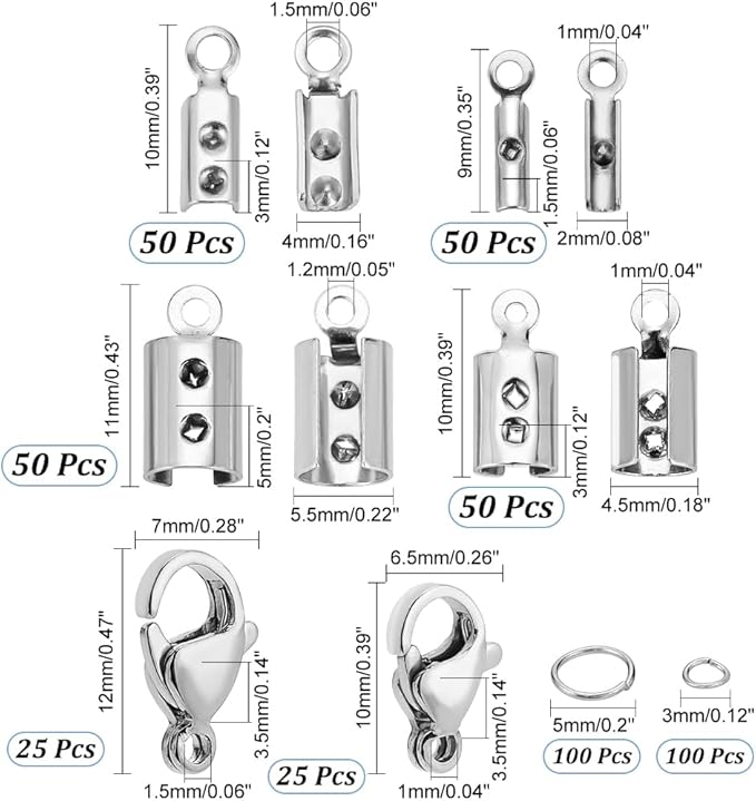 PH PandaHall Jewelry Making Kit, 200 pcs 304 Stainless Steel Fold Over Crimp Cord Ends 200 pcs Jump Rings 50 pcs Lobster Claw Clasps for Earring Bracelet Necklace Jewelry DIY Craft Making, 450 Pcs/Set
