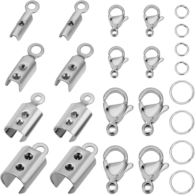 PH PandaHall Jewelry Making Kit, 200 pcs 304 Stainless Steel Fold Over Crimp Cord Ends 200 pcs Jump Rings 50 pcs Lobster Claw Clasps for Earring Bracelet Necklace Jewelry DIY Craft Making, 450 Pcs/Set