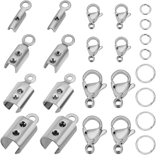 PH PandaHall Jewelry Making Kit, 200 pcs 304 Stainless Steel Fold Over Crimp Cord Ends 200 pcs Jump Rings 50 pcs Lobster Claw Clasps for Earring Bracelet Necklace Jewelry DIY Craft Making, 450 Pcs/Set