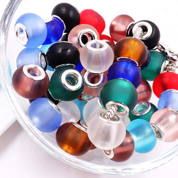 AIPRIDY 100Pcs 15x11mm Painting Murano Large Hole Glass Beads Mix Color with Silver Brass Cores European Charm fit Bracelet Necklace (Dull Polish Effect)