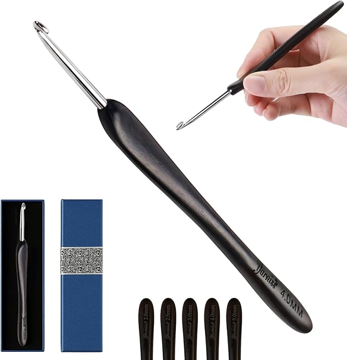 Yarniss 4mm Ergonomic Crochet Hook with Ebony Wood Handle, Stainless Steel Crochet Needle with Deep Throat,Arthritis Crochet Hook with Case