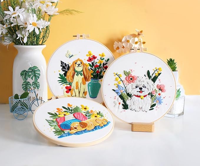 konrisa 3 pcs dog flower embroidery kits for beginners, needlepoint cross stitch kits with pattern, diy sewing practice kit, include 1pcs hoop