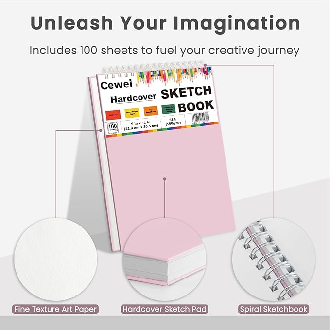 9"x12" sketchbook pink, 1 pack-100 sheets cute sketchbook for girls, 68lb/100gsm pink sketch book for kids, spiral drawing pad for kid, art supplies for kids 9-12 girls.