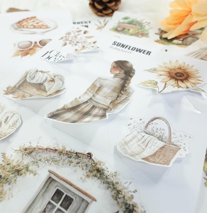 Cozy Autumn Journaling Sticker Book, 20 Sheets Pe-Cut PET, Washi Tape, and Craft Paper Stickers for Junk Journal Supplies, Aesthetic Fall Stickers for Bujo, Collage, Scrapbook Supplies