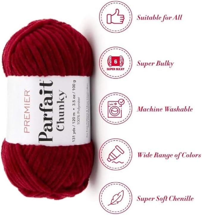 Premier Yarns Parfait Chunky Chenille Yarn 3.5 Oz 6 Super Bulky Weight 3 Pack Bundle with Bella's Stitch Place Holders (Ruby)
