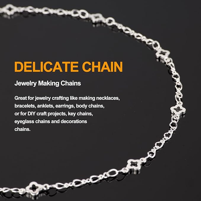 KYUNHOO 16.4 FT/5M Four Leaf Clover Chains for Crafts Silver Jewelry Making Chain Roll on Bulk with Clasps for Women DIY Supply Jewelry Findings