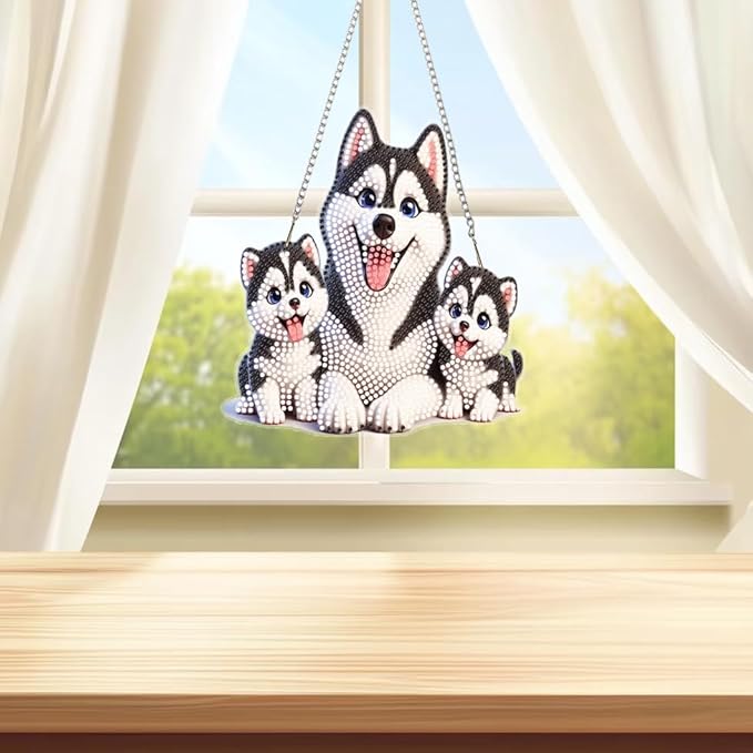 Masendp Hanging Diamond Art Kits for Adults, Special Shaped Cute Dog Family Diamond Painting Pendant Ornaments Kit DIY Crystal Rhinestone Gem for Home Decoration and Gifts