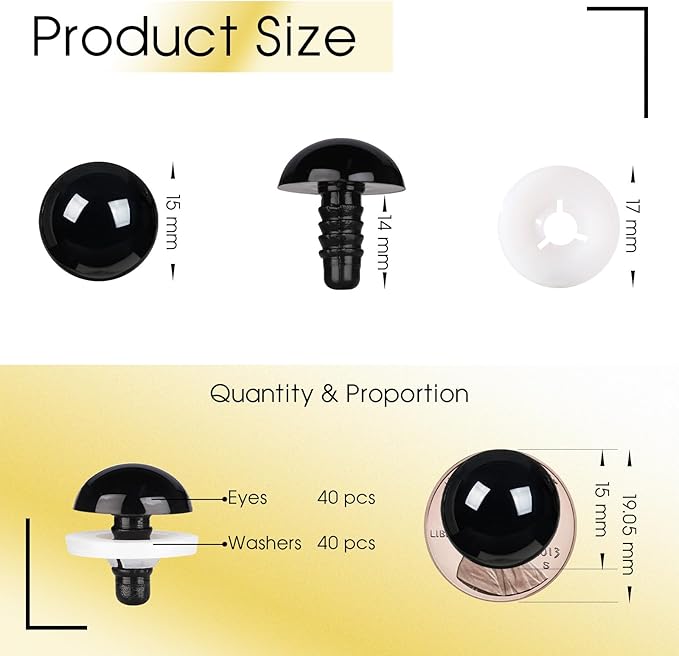 Vanblue 40pcs 15mm Upgraded Safety Eyes for Crocheting Amigurumi Eyes for Crochet Animals with Washers Craft Eyes Doll Eyes Stuffed Animal Eyes Gift for Crochet Lovers Halloween Decorations
