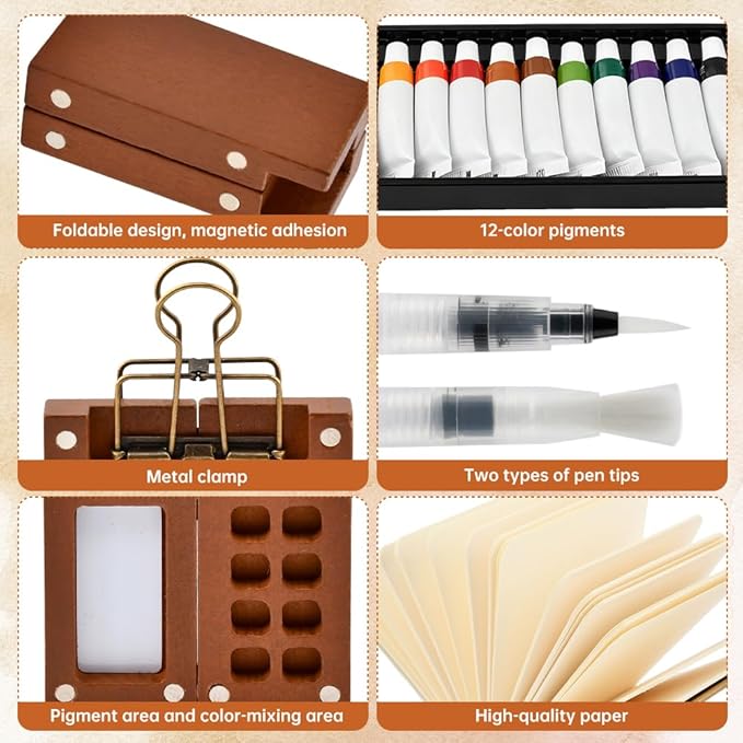 Pocket Artist Watercolor Travel Set, Mini Watercolor Palette Collection(8 Grids), Portable Kit Paint, Brush, Sketchbook & Copper Clip for Artists, Outdoor Sketchers & Beginners