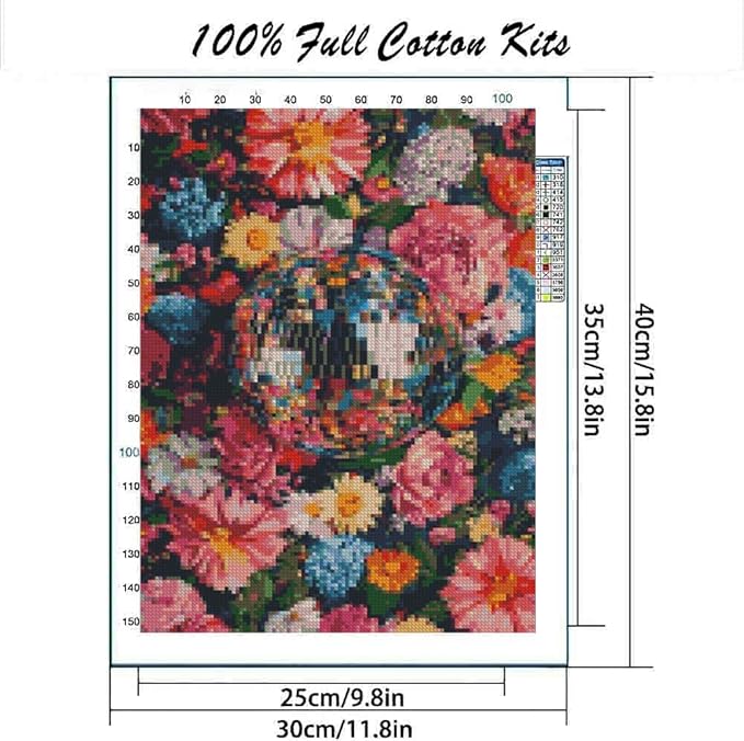 mybisymqq stamping cross stitch kit disco ball, counting cross stitch kit for adult beginners flowers, full line diy cross stitch stitching kit for home decor cross stitch patterns 11.8x15.7inches