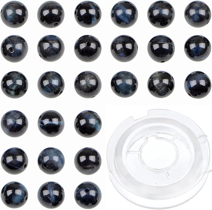 bymitel 90pcs crystal beads stone gemstone round energy healing loose beads with stretch cord for jewelry making bracelets anklets (dark blue tiger's eye, 10mm 90pcs)