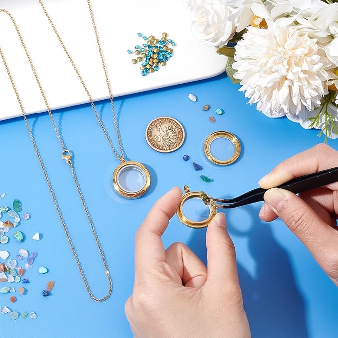 UNICRAFTALE 2 Sets Stainless Steel Memory Locket Necklace Golden Flat Round DIY Picture Photo Necklace Making Kit Memory Necklace with Crystal Double Sided Frame Glass Container Floating Charms